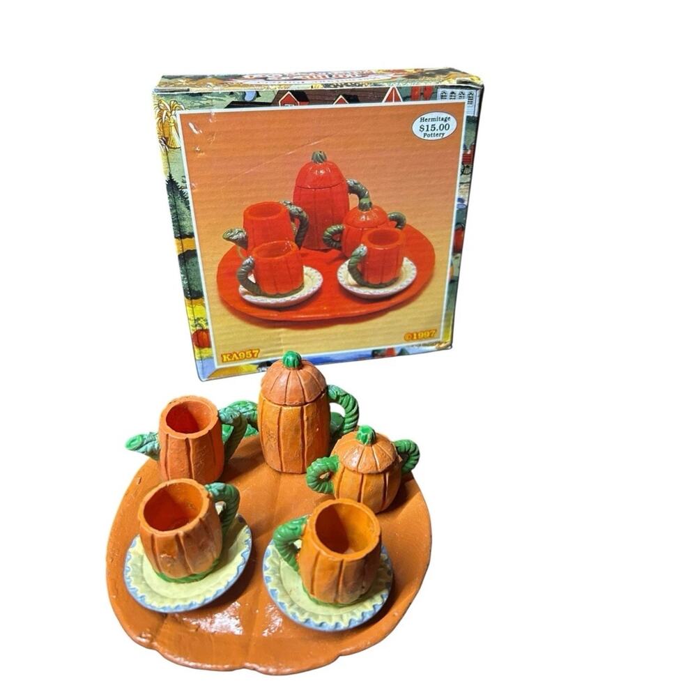 Vintage 90s Hermitage Pottery 10 Piece Mini Tea Set Pumpkin Halloween
